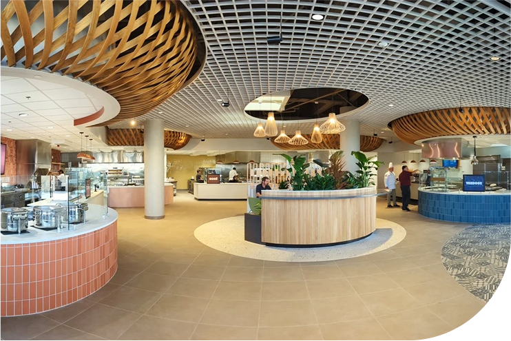 Cafeteria with multiple accessible food stations